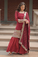 Thumbnail for Vedant Vastram Heavy Embroidery & Sequins Work Pure Georgette Top Sharara Set With Dupatta - Maroon - Distacart