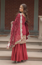 Thumbnail for Vedant Vastram Heavy Embroidery & Sequins Work Pure Georgette Top Sharara Set With Dupatta - Maroon - Distacart