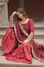Thumbnail for Vedant Vastram Heavy Embroidery & Sequins Work Pure Georgette Top Sharara Set With Dupatta - Maroon - Distacart