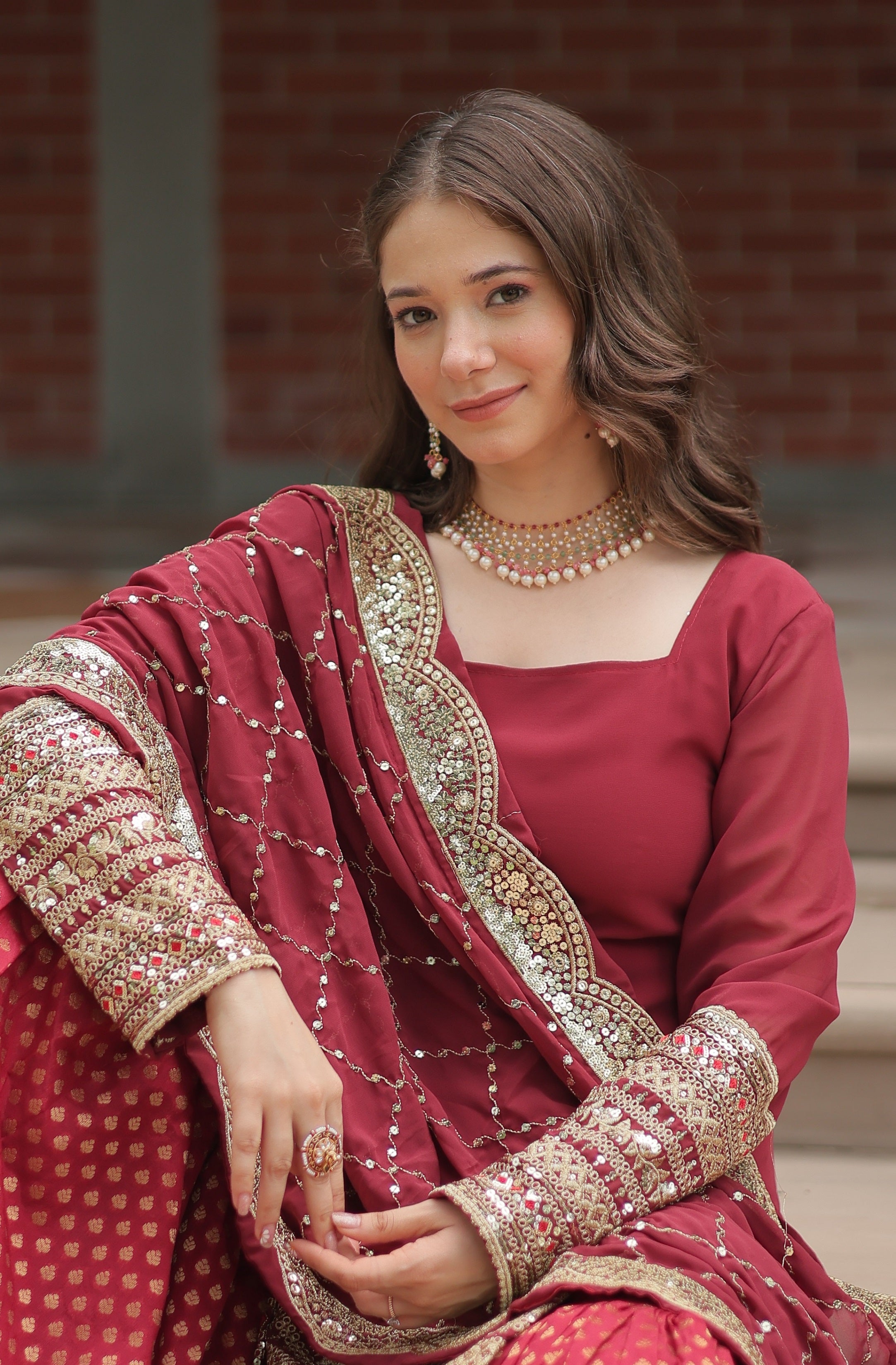 Vedant Vastram Heavy Embroidery & Sequins Work Pure Georgette Top Sharara Set With Dupatta - Maroon - Distacart