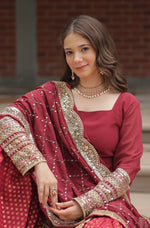 Thumbnail for Vedant Vastram Heavy Embroidery & Sequins Work Pure Georgette Top Sharara Set With Dupatta - Maroon - Distacart
