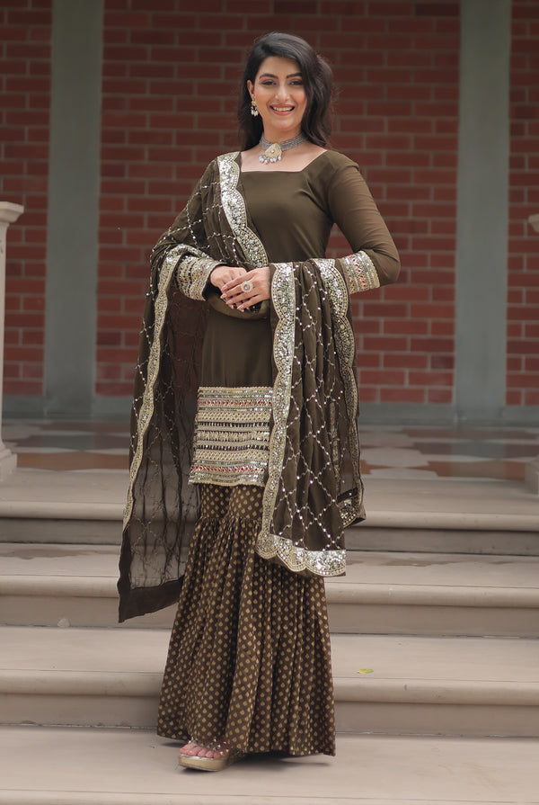 Vedant Vastram Heavy Embroidery & Sequins Work Pure Georgette Top Sharara Set With Dupatta - Mehendi - Distacart