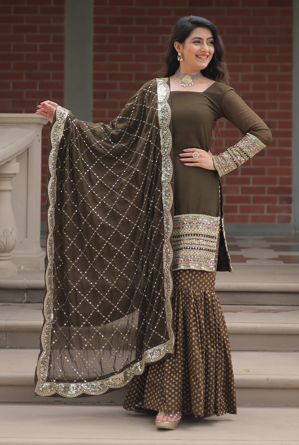 Vedant Vastram Heavy Embroidery & Sequins Work Pure Georgette Top Sharara Set With Dupatta - Mehendi - Distacart