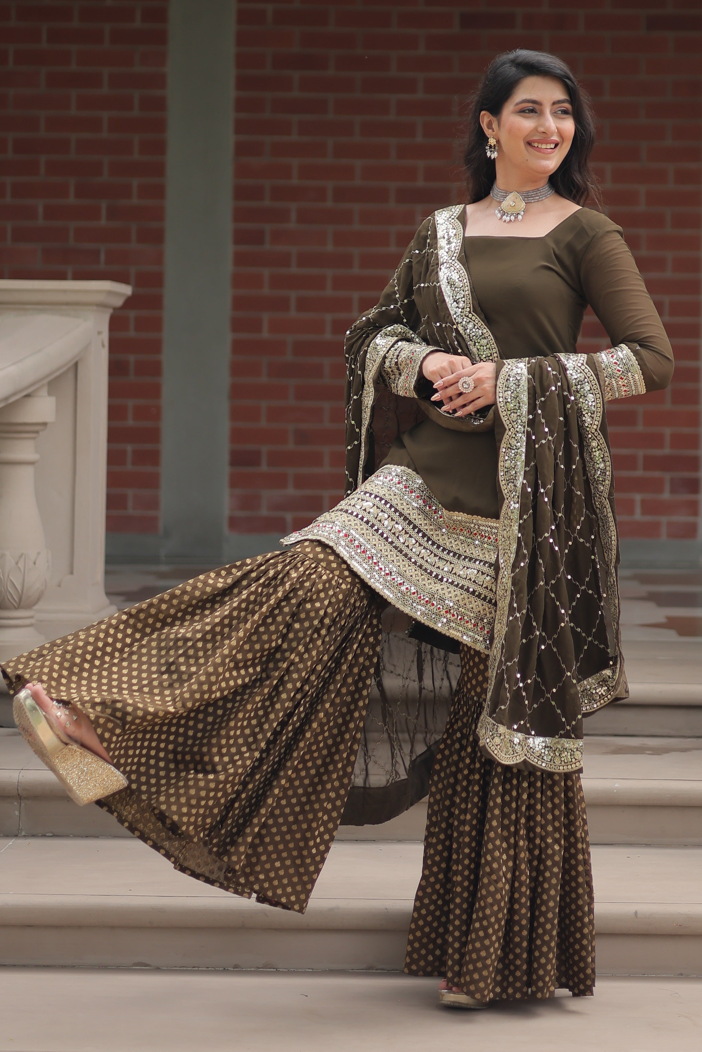 Vedant Vastram Heavy Embroidery & Sequins Work Pure Georgette Top Sharara Set With Dupatta - Mehendi - Distacart