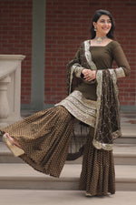 Thumbnail for Vedant Vastram Heavy Embroidery & Sequins Work Pure Georgette Top Sharara Set With Dupatta - Mehendi - Distacart