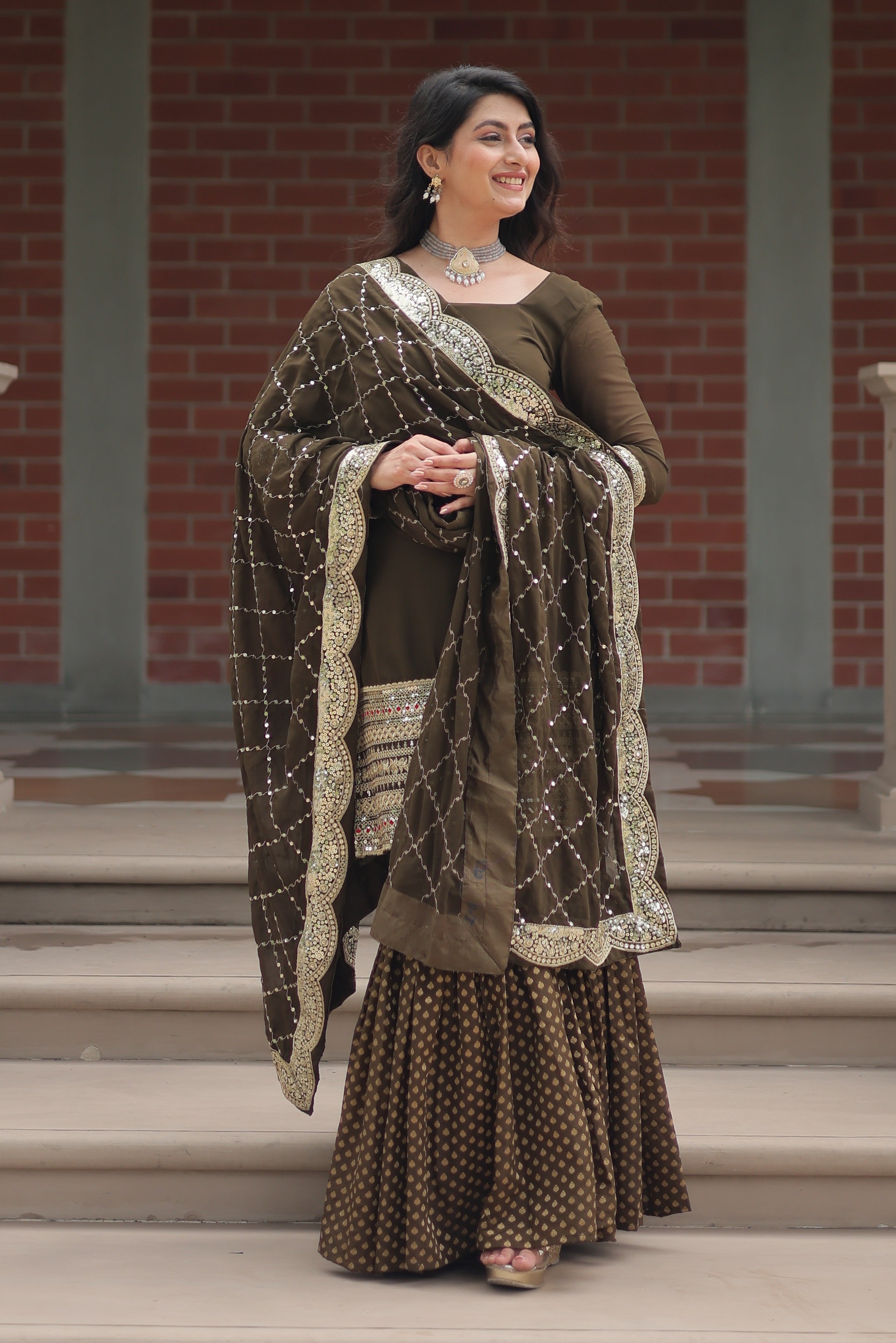 Vedant Vastram Heavy Embroidery & Sequins Work Pure Georgette Top Sharara Set With Dupatta - Mehendi - Distacart