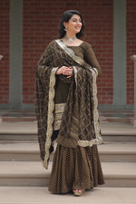 Thumbnail for Vedant Vastram Heavy Embroidery & Sequins Work Pure Georgette Top Sharara Set With Dupatta - Mehendi - Distacart