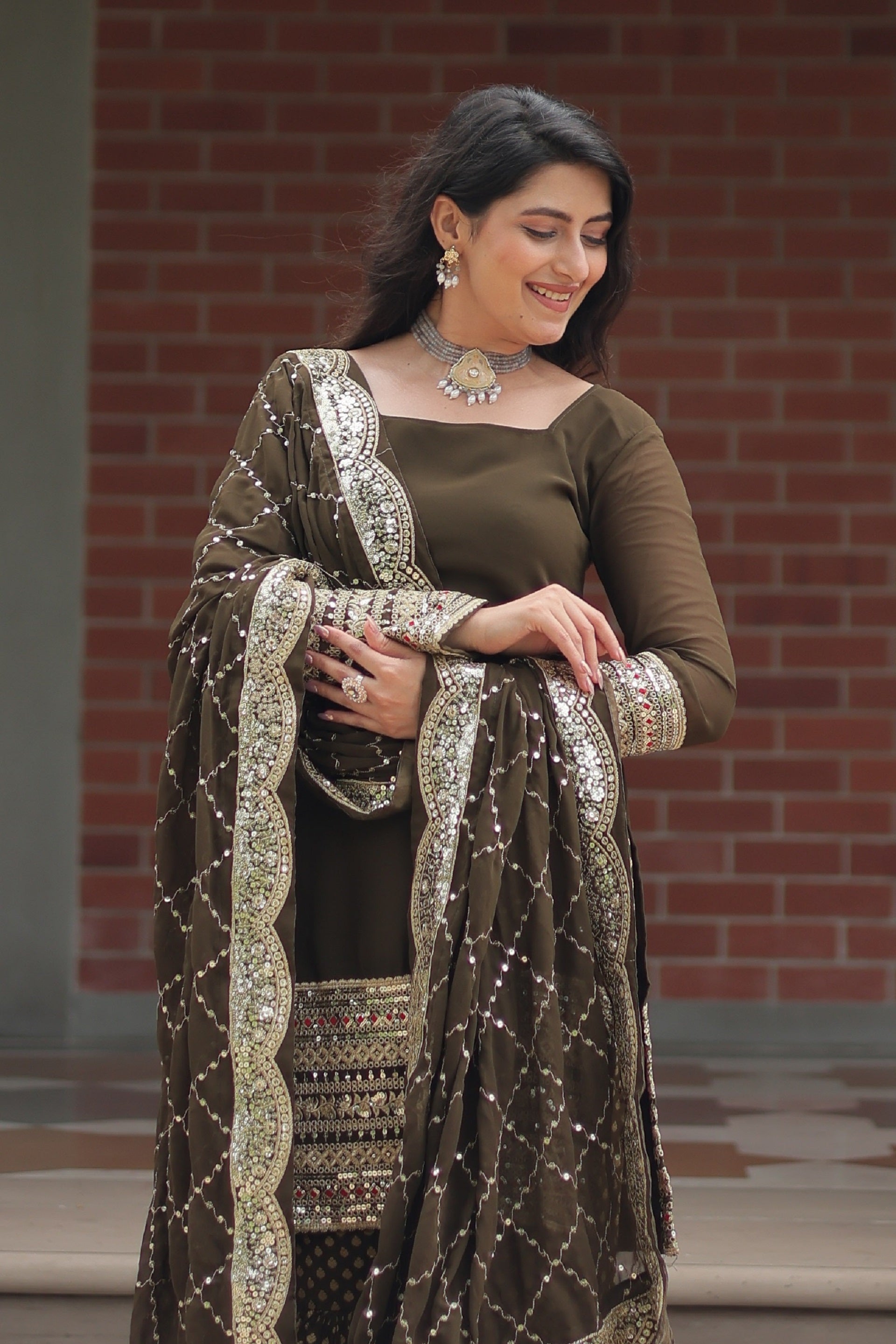 Vedant Vastram Heavy Embroidery & Sequins Work Pure Georgette Top Sharara Set With Dupatta - Mehendi - Distacart