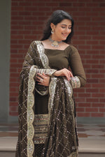 Thumbnail for Vedant Vastram Heavy Embroidery & Sequins Work Pure Georgette Top Sharara Set With Dupatta - Mehendi - Distacart