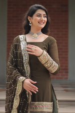 Thumbnail for Vedant Vastram Heavy Embroidery & Sequins Work Pure Georgette Top Sharara Set With Dupatta - Mehendi - Distacart