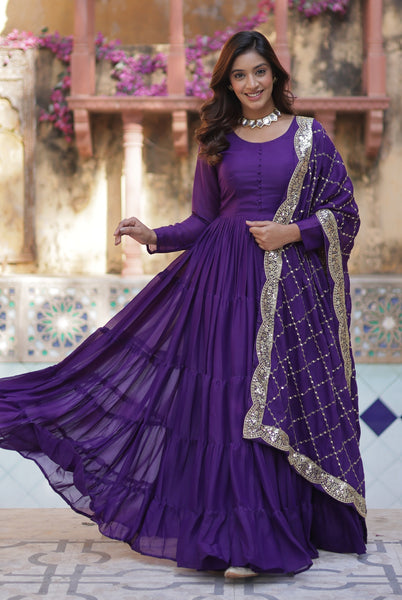 Vedant Vastram Heavy Embroidery & Sequins Work Pure Georgette Gown With Dupatta - Violet - Distacart