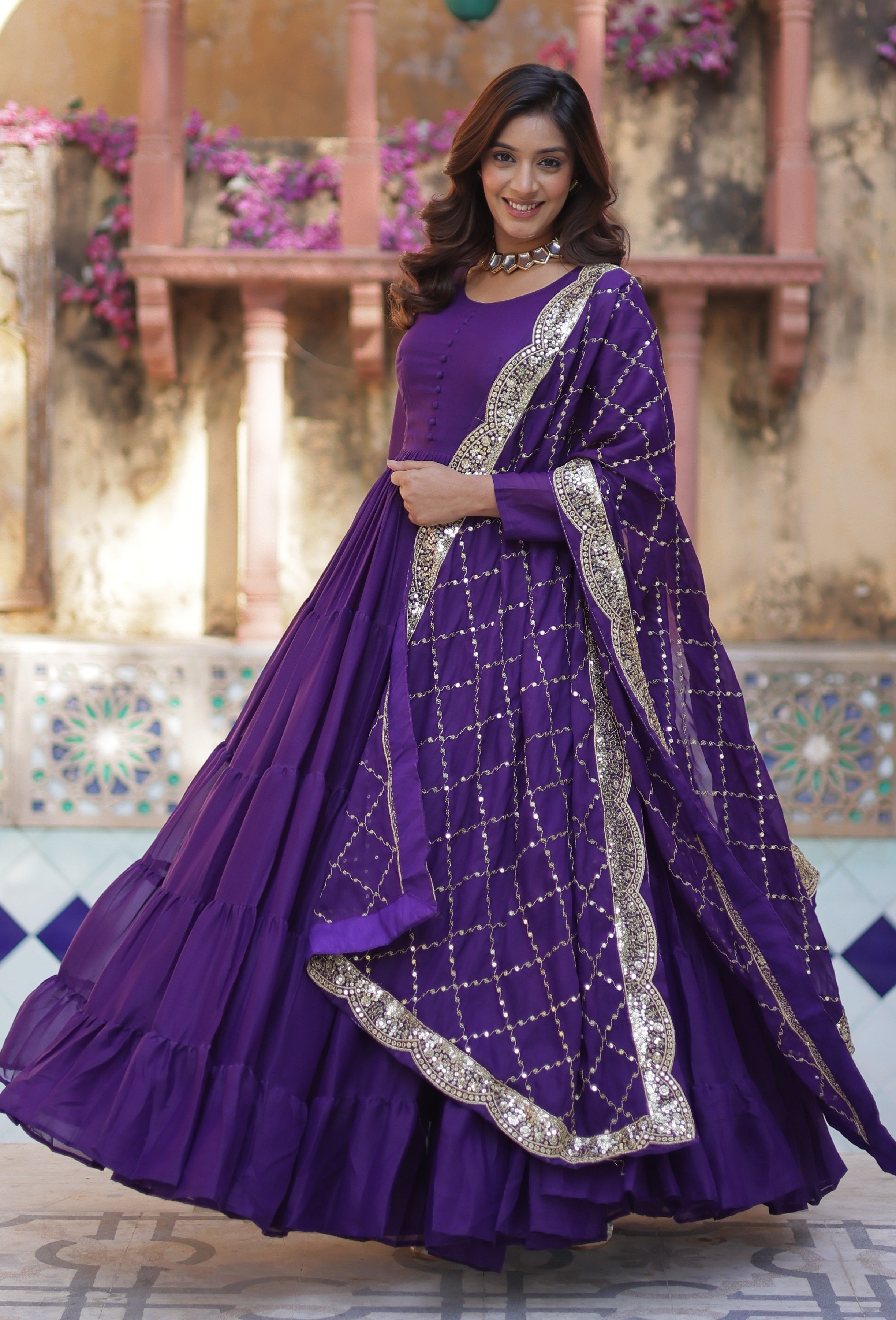 Vedant Vastram Heavy Embroidery & Sequins Work Pure Georgette Gown With Dupatta - Violet - Distacart