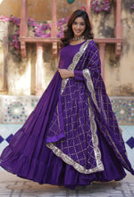 Thumbnail for Vedant Vastram Heavy Embroidery & Sequins Work Pure Georgette Gown With Dupatta - Violet - Distacart