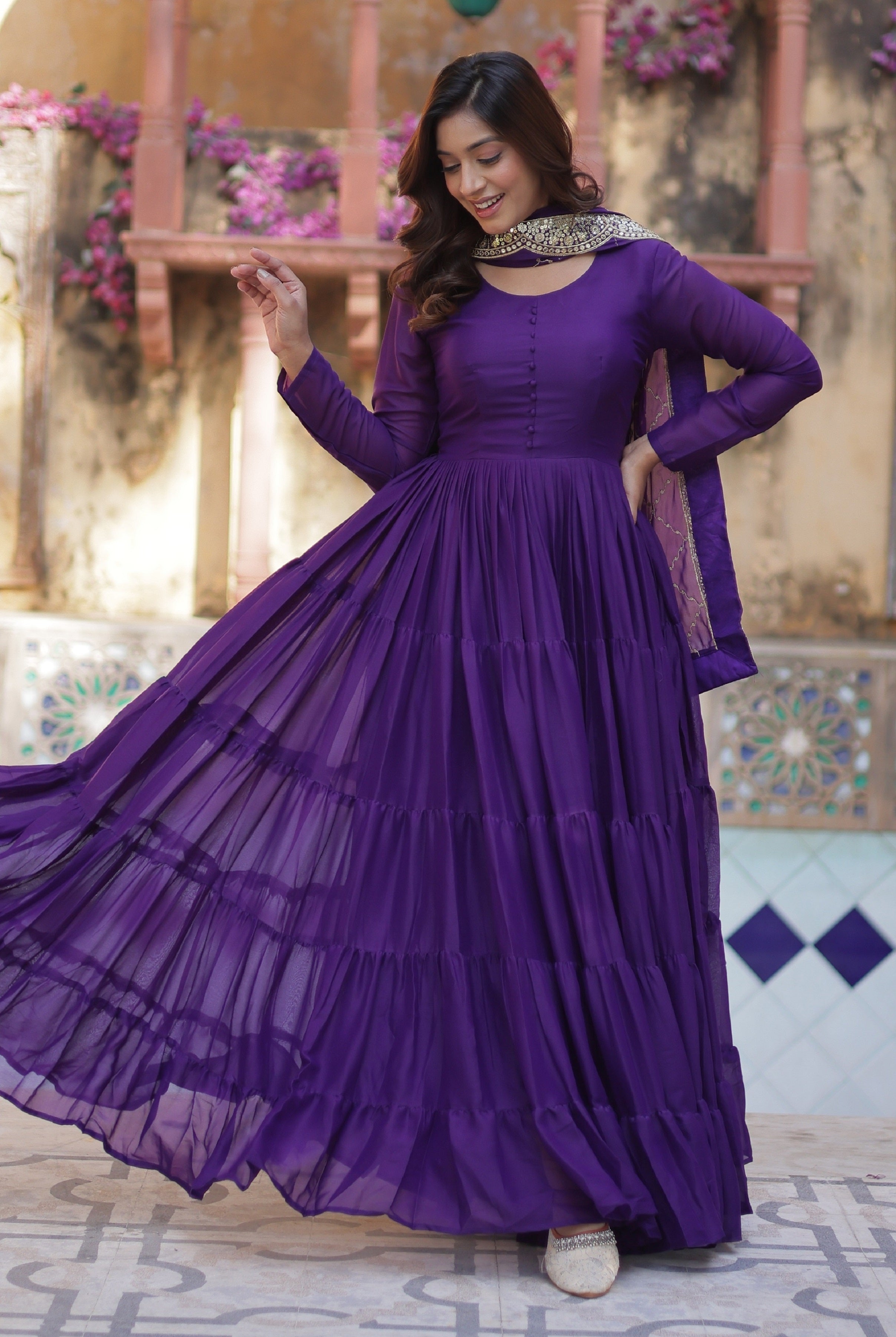 Vedant Vastram Heavy Embroidery & Sequins Work Pure Georgette Gown With Dupatta - Violet - Distacart