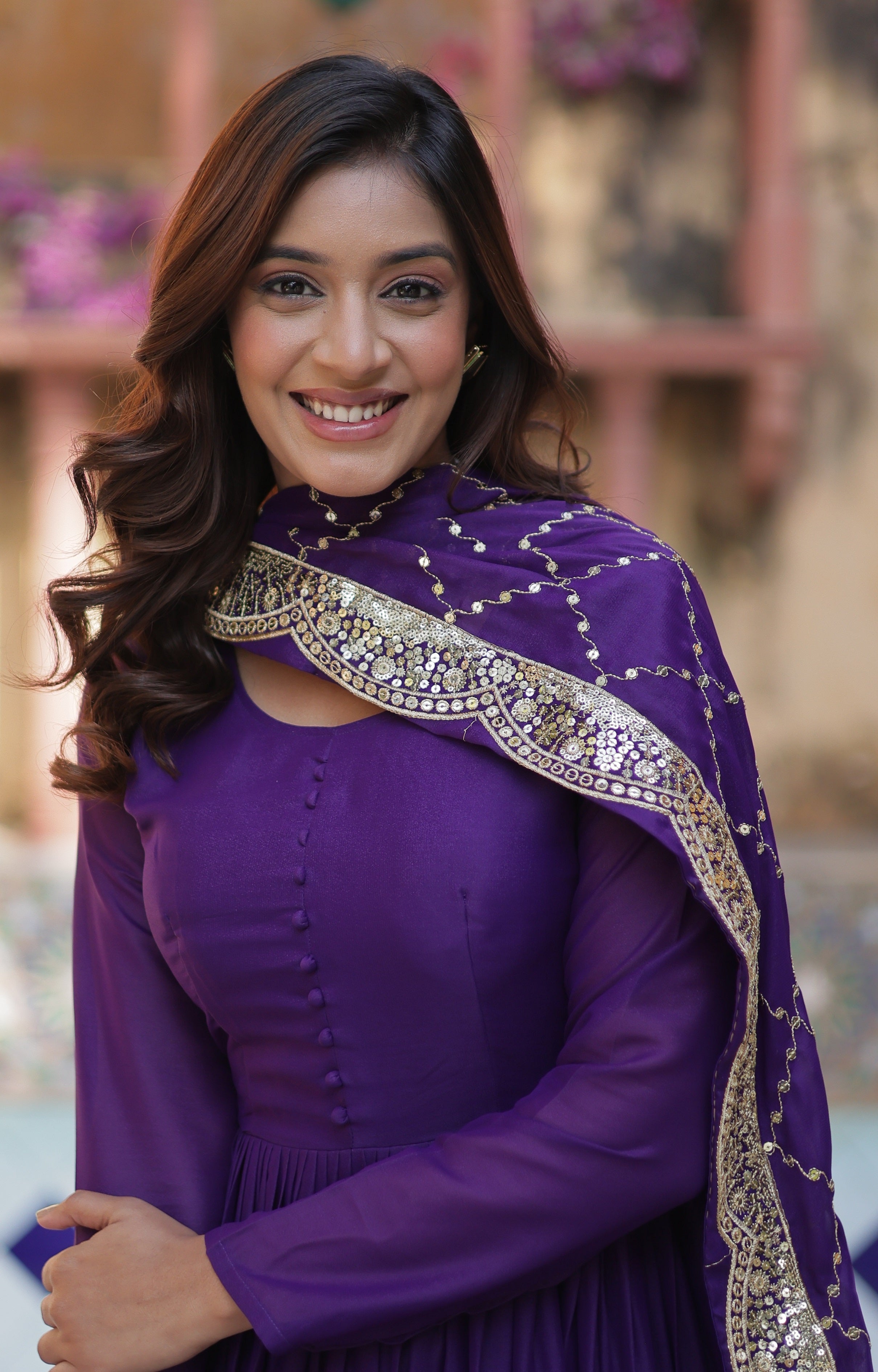 Vedant Vastram Heavy Embroidery & Sequins Work Pure Georgette Gown With Dupatta - Violet - Distacart