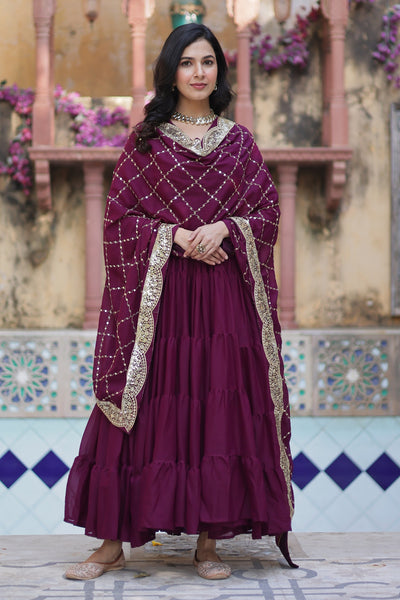 Vedant Vastram Heavy Embroidery & Sequins Work Pure Georgette Gown With Dupatta - Wine - Distacart