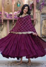 Thumbnail for Vedant Vastram Heavy Embroidery & Sequins Work Pure Georgette Gown With Dupatta - Wine - Distacart