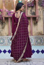 Thumbnail for Vedant Vastram Heavy Embroidery & Sequins Work Pure Georgette Gown With Dupatta - Wine - Distacart