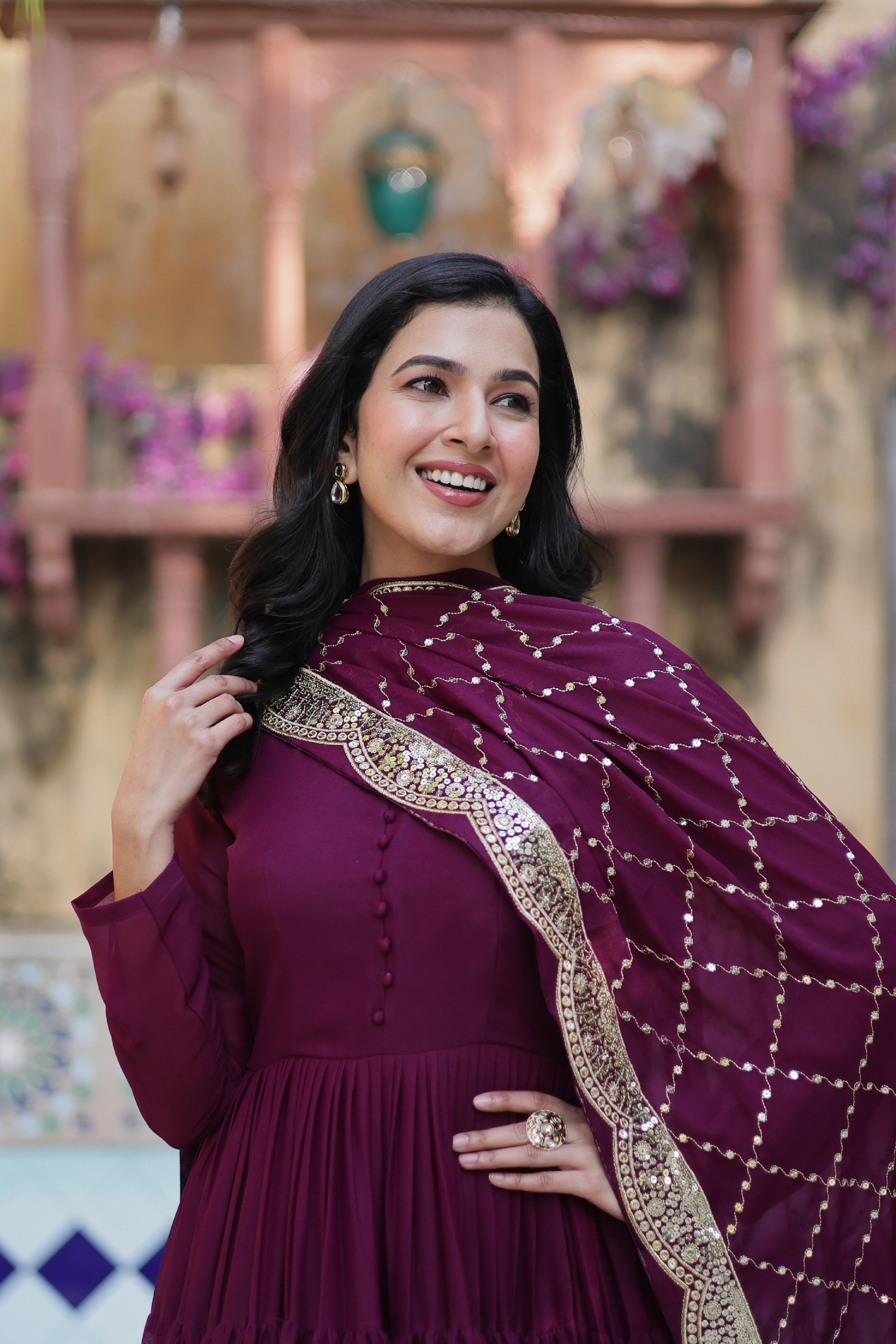 Vedant Vastram Heavy Embroidery & Sequins Work Pure Georgette Gown With Dupatta - Wine - Distacart