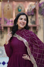 Thumbnail for Vedant Vastram Heavy Embroidery & Sequins Work Pure Georgette Gown With Dupatta - Wine - Distacart