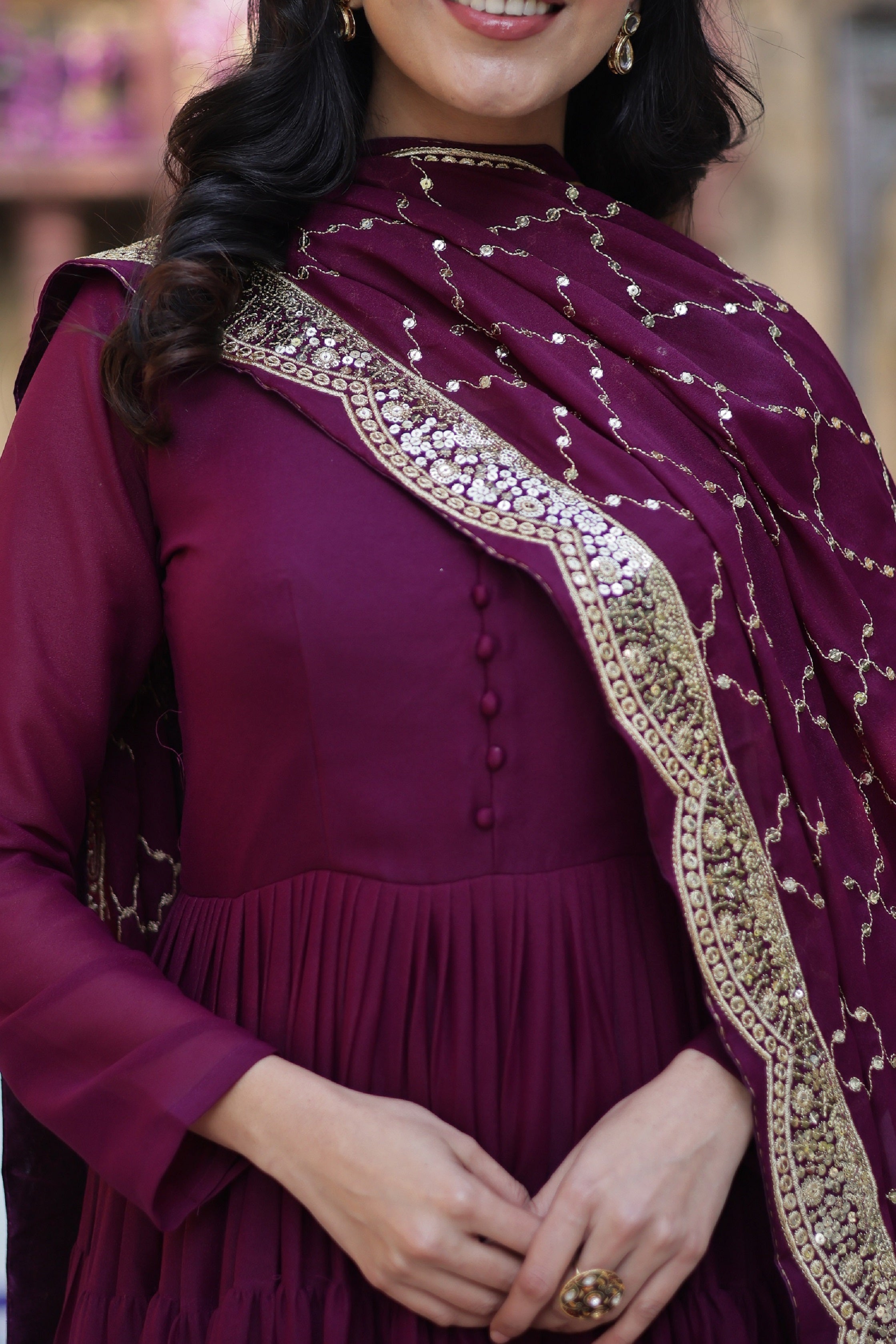 Vedant Vastram Heavy Embroidery & Sequins Work Pure Georgette Gown With Dupatta - Wine - Distacart