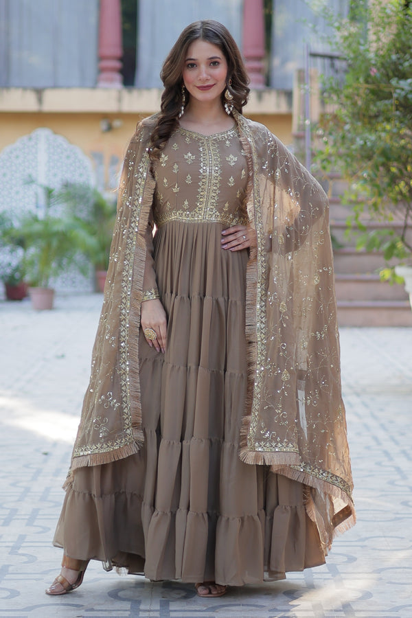 Vedant Vastram Heavy Embroidery & Sequins Work Pure Georgette Gown With Dupatta - Beige - Distacart