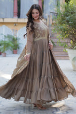 Thumbnail for Vedant Vastram Heavy Embroidery & Sequins Work Pure Georgette Gown With Dupatta - Beige - Distacart