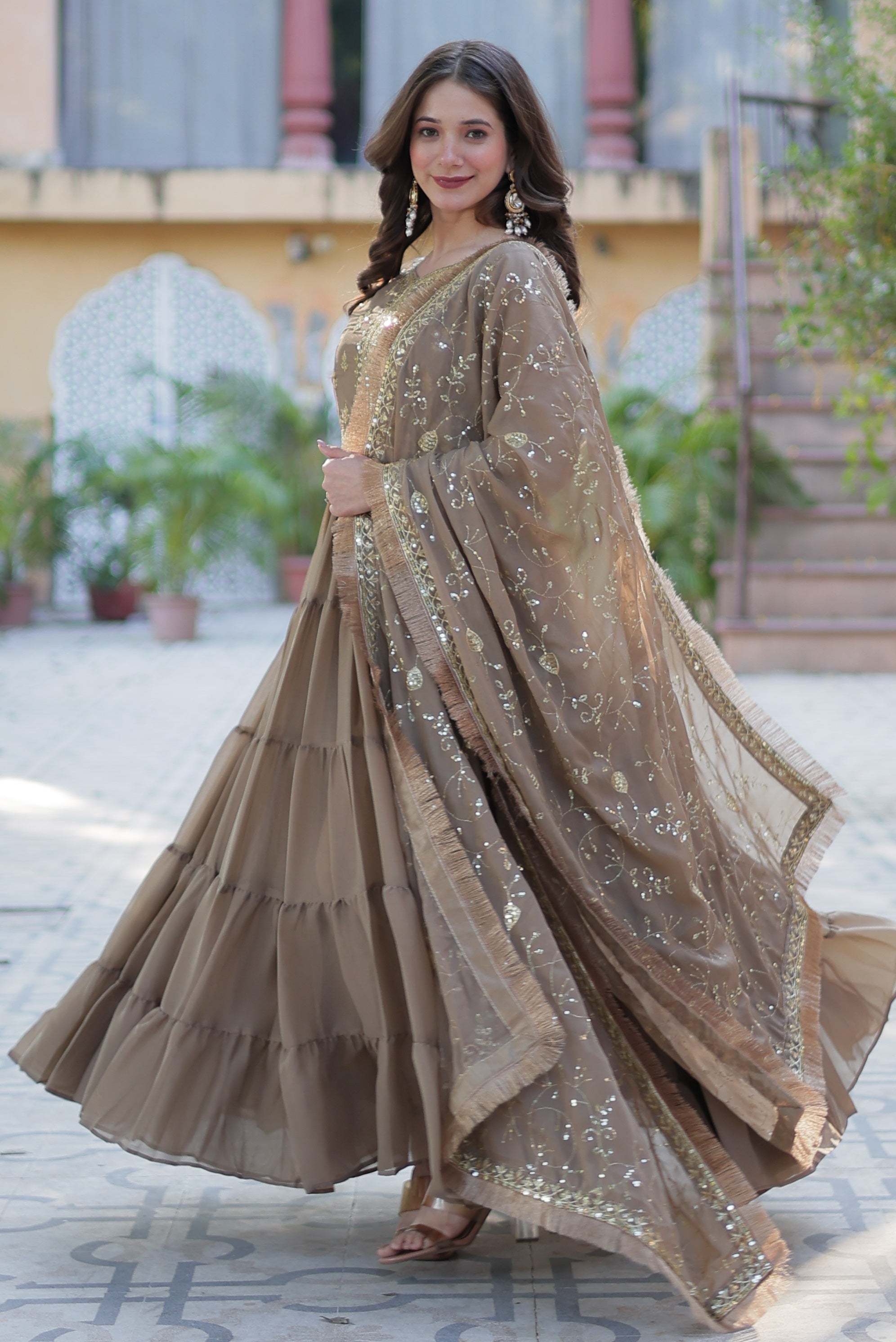 Vedant Vastram Heavy Embroidery & Sequins Work Pure Georgette Gown With Dupatta - Beige - Distacart