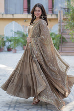 Thumbnail for Vedant Vastram Heavy Embroidery & Sequins Work Pure Georgette Gown With Dupatta - Beige - Distacart