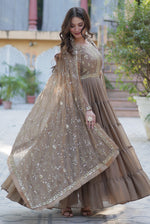 Thumbnail for Vedant Vastram Heavy Embroidery & Sequins Work Pure Georgette Gown With Dupatta - Beige - Distacart