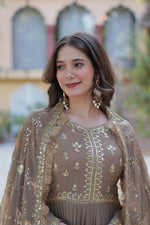 Thumbnail for Vedant Vastram Heavy Embroidery & Sequins Work Pure Georgette Gown With Dupatta - Beige - Distacart