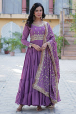 Thumbnail for Vedant Vastram Heavy Embroidery & Sequins Work Pure Georgette Gown With Dupatta - Light Violet - Distacart