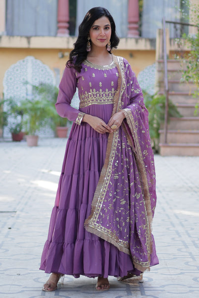 Vedant Vastram Heavy Embroidery & Sequins Work Pure Georgette Gown With Dupatta - Light Violet - Distacart