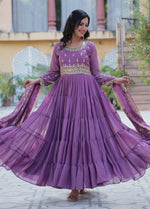 Thumbnail for Vedant Vastram Heavy Embroidery & Sequins Work Pure Georgette Gown With Dupatta - Light Violet - Distacart