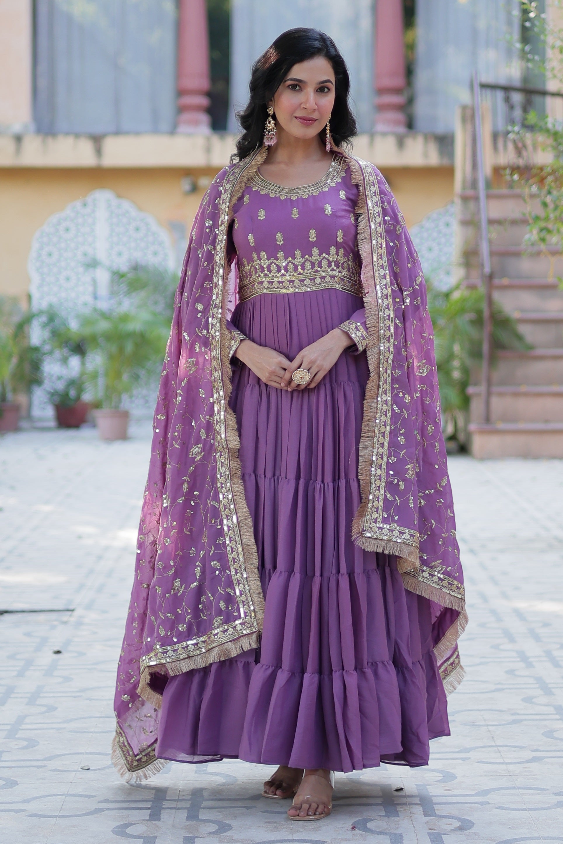 Vedant Vastram Heavy Embroidery & Sequins Work Pure Georgette Gown With Dupatta - Light Violet - Distacart