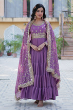Thumbnail for Vedant Vastram Heavy Embroidery & Sequins Work Pure Georgette Gown With Dupatta - Light Violet - Distacart