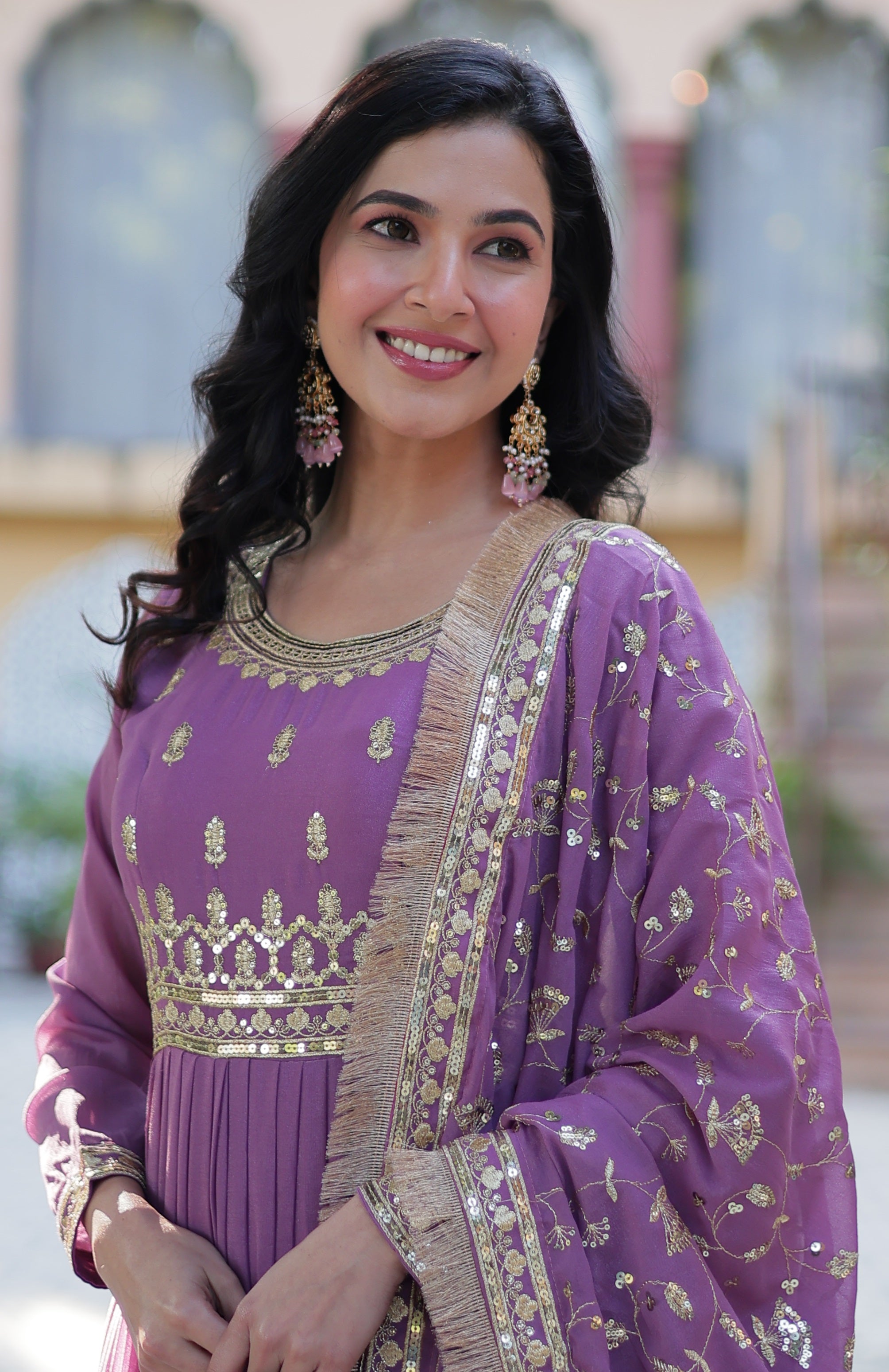 Vedant Vastram Heavy Embroidery & Sequins Work Pure Georgette Gown With Dupatta - Light Violet - Distacart