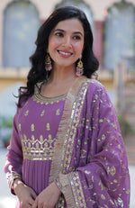 Thumbnail for Vedant Vastram Heavy Embroidery & Sequins Work Pure Georgette Gown With Dupatta - Light Violet - Distacart