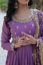 Thumbnail for Vedant Vastram Heavy Embroidery & Sequins Work Pure Georgette Gown With Dupatta - Light Violet - Distacart
