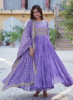 Thumbnail for Vedant Vastram Heavy Embroidery & Sequins Work Pure Georgette Gown With Dupatta - Lavender - Distacart