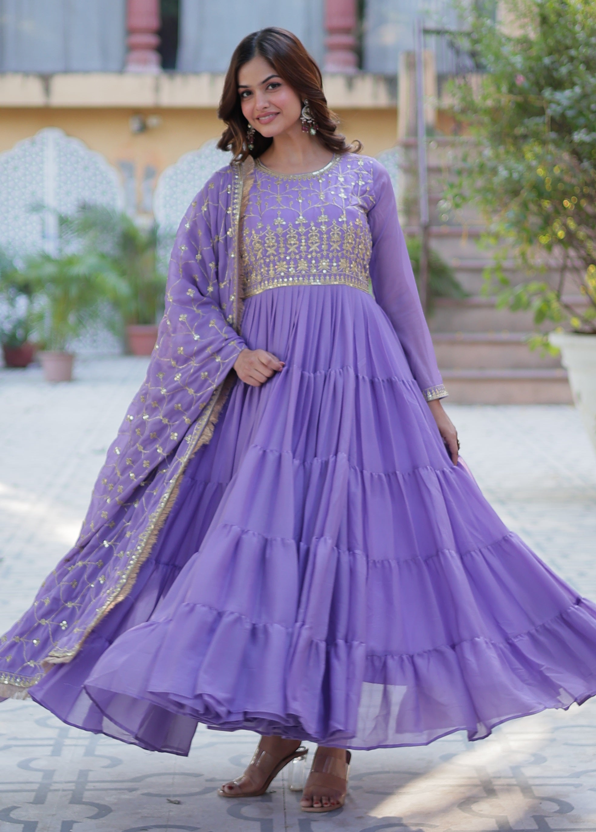 Vedant Vastram Heavy Embroidery & Sequins Work Pure Georgette Gown With Dupatta - Lavender - Distacart