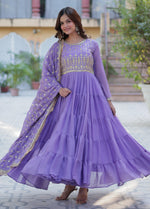 Thumbnail for Vedant Vastram Heavy Embroidery & Sequins Work Pure Georgette Gown With Dupatta - Lavender - Distacart