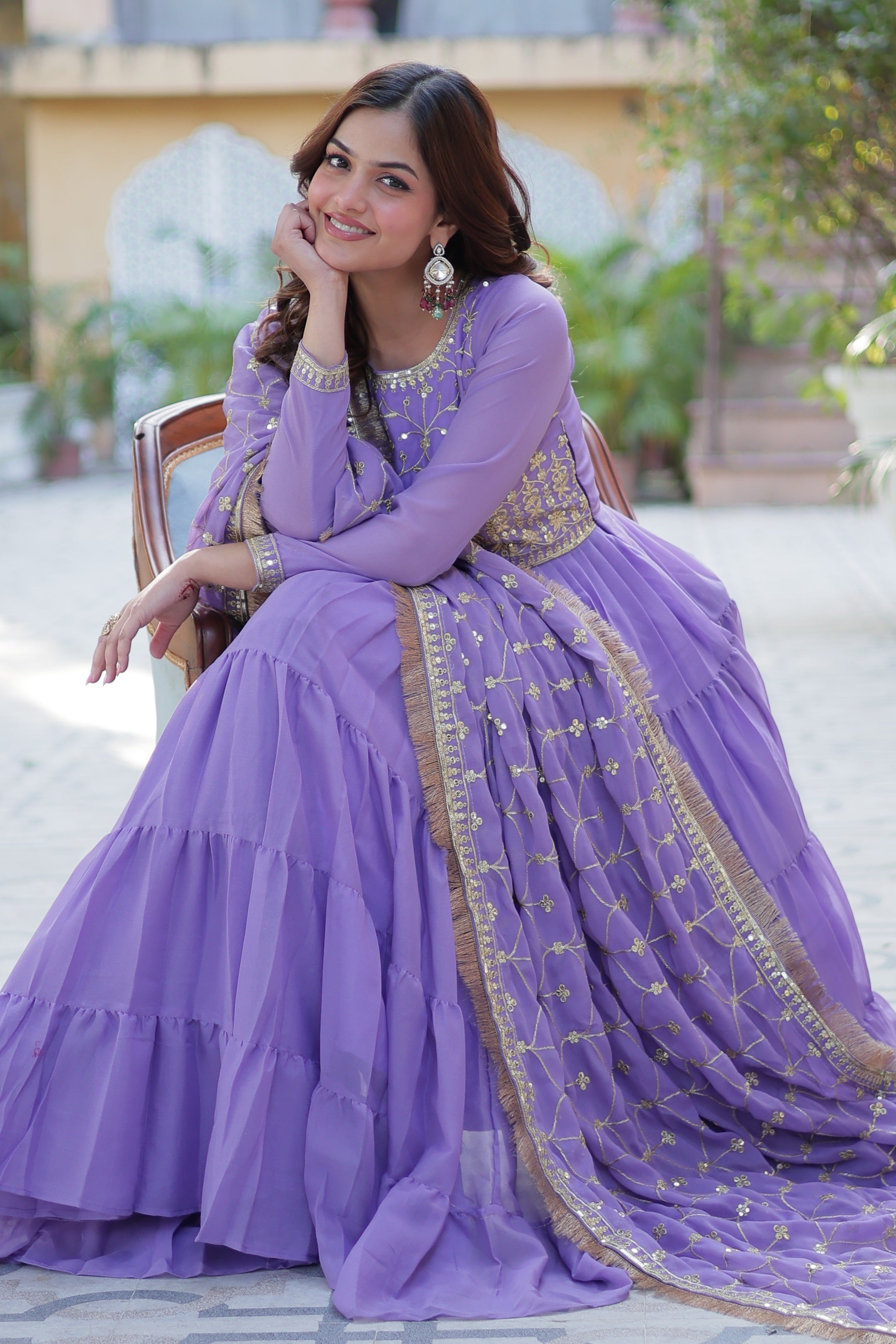 Vedant Vastram Heavy Embroidery & Sequins Work Pure Georgette Gown With Dupatta - Lavender - Distacart