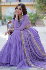Thumbnail for Vedant Vastram Heavy Embroidery & Sequins Work Pure Georgette Gown With Dupatta - Lavender - Distacart