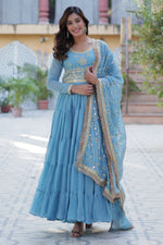 Thumbnail for Vedant Vastram Heavy Embroidery & Sequins Work Pure Georgette Gown With Dupatta - Sky Blue - Distacart