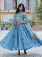 Thumbnail for Vedant Vastram Heavy Embroidery & Sequins Work Pure Georgette Gown With Dupatta - Sky Blue - Distacart