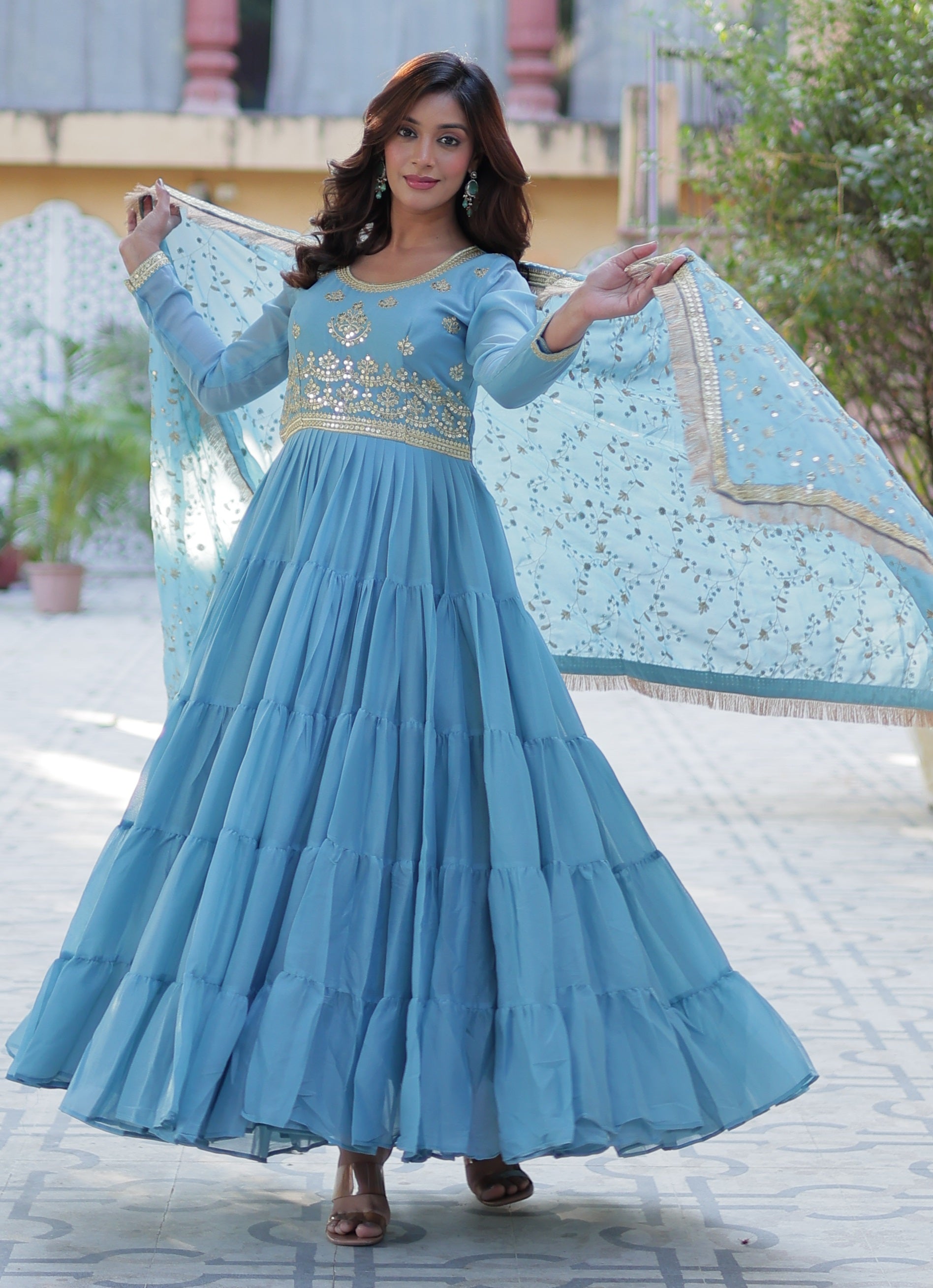 Vedant Vastram Heavy Embroidery & Sequins Work Pure Georgette Gown With Dupatta - Sky Blue - Distacart