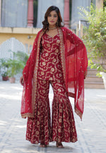 Thumbnail for Vedant Vastram Heavy Embroidery & Sequins Work Pure Georgette Top Sharara Set With Dupatta - Maroon - Distacart