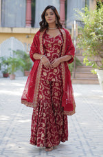 Thumbnail for Vedant Vastram Heavy Embroidery & Sequins Work Pure Georgette Top Sharara Set With Dupatta - Maroon - Distacart