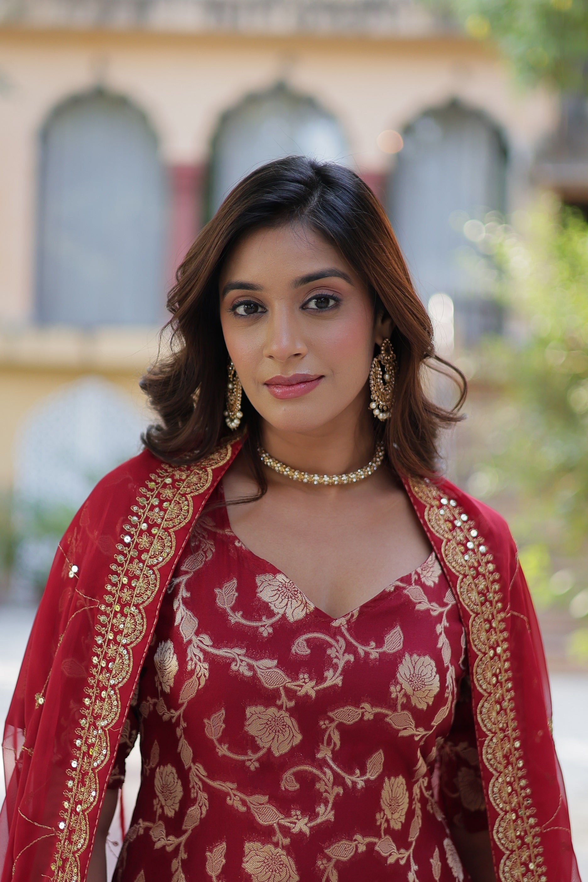 Vedant Vastram Heavy Embroidery & Sequins Work Pure Georgette Top Sharara Set With Dupatta - Maroon - Distacart